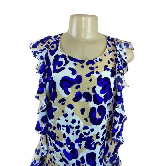 Julie Brown NYC Leopard Print Ruffle Sleeveless Shift Dress Beige & Blue Size 6 - Picture 4 of 8